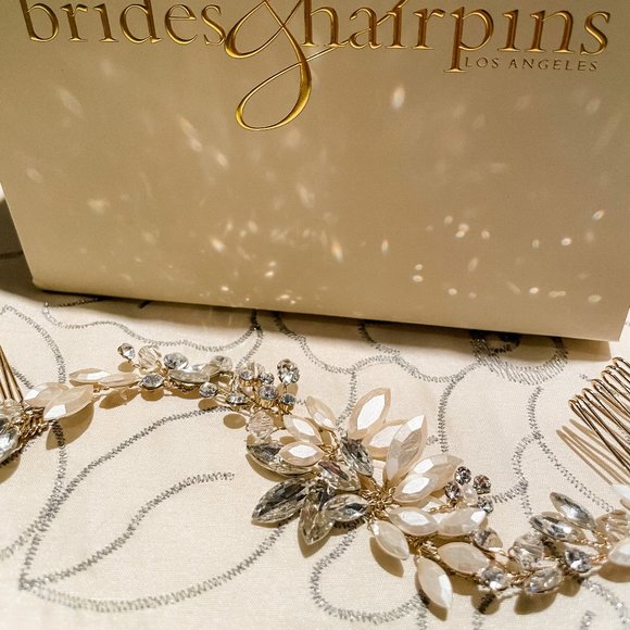 BRIDES AND HAIRPINS Gold Swarovski Crystal Marquise Floral Halo with Combs - Picture 4 of 7